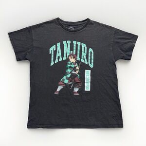Demon Slayer Tanjiro Kamado Mens S Anime Graphic Tee Kanji Shonen Faded Black